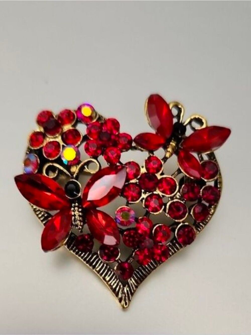 Heart BUTTERFLY CANDY APPLE RED IRRIDESCENT GEMS HEART BROOCH